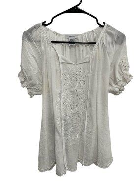 Sisters Medium White Boho Embroidered Short Sleeve Tunic Top Creativecore